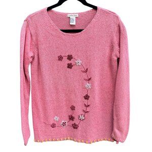 Cynthia Taylor Vintage‎ Womens Pink Sweater Cottage Floral Embroidery Beaded Hem